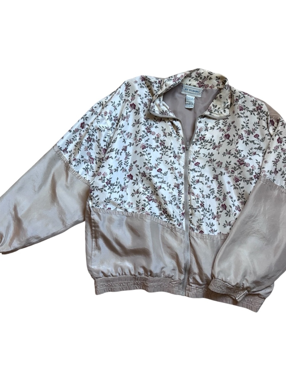 Vintage SILKEXCHANGE Floral Panel Satin Bomber Jacket-Light Taupe and Cream